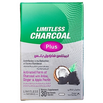 LIMITLESS CHARCOAL PLUS — ACTIVATED CHARCOAL WITH ANISE, GINGER & APPLE PECTIN DIETARY SUPPLEMENT 30 HARD GELATIN CAPSULES